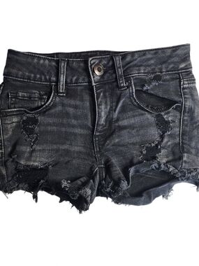 American Eagle Black Distressed Denim Shorts Midi Cutoff Stretch Size 00 Y2K